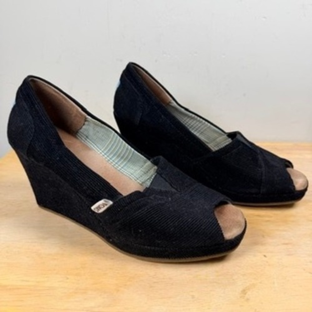 TOMS‎ Classic Espadrille Wedge Heels Womens 7 Black Corduroy Peep Toe Shoes Y2K